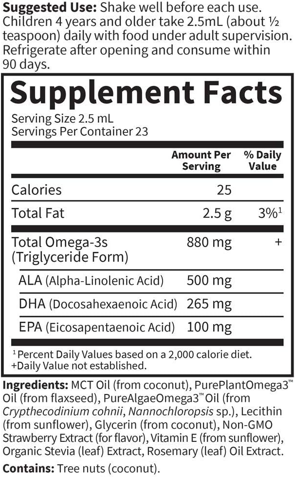 Garden of Life Kids Plant Omega-3 Liquid, Strawberry - Vegan Brain & Eye Support for Kids, Plant-Based Children's Omega 3 ALA, DHA & EPA Supplement for Children, Sugar Free & Non-GMO - 2 fl oz Liquid