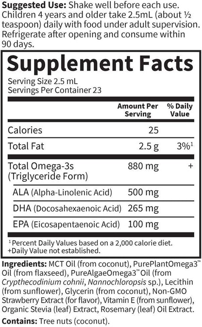 Garden of Life Kids Plant Omega-3 Liquid, Strawberry - Vegan Brain & Eye Support for Kids, Plant-Based Children's Omega 3 ALA, DHA & EPA Supplement for Children, Sugar Free & Non-GMO - 2 fl oz Liquid