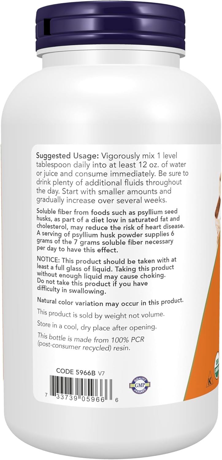NOW Foods Supplements, Psyllium Husk Powder, Certified Organic, Non-GMO Project Verified, Soluble Fiber, 12-Ounce