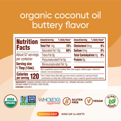 Nutiva Organic Coconut Oil with Non-Dairy Butter Flavor, USDA Organic, Non-GMO, Whole 30 Approved, Vegan & Gluten-Free, Plant-Based Replacement for Butter