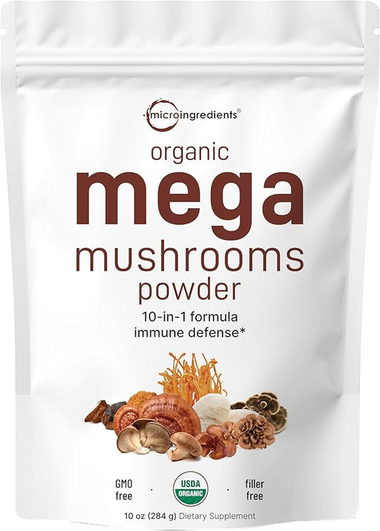 Micro Ingredients Organic Mega Mushroom Powder,10 Ounce (284 Days Supply) | 10 in 1 Complex Formula for Immune System Booster | Chaga, Lions Mane, Cordyceps, Reishi & More | Filler Free, Vegan