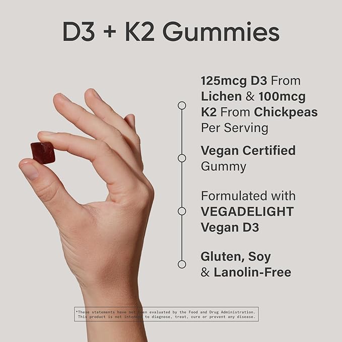 Sports Research Vegan Vitamin D3 + K2 Gummies – 5000 IU D3, MK-7 K2 [60ct]