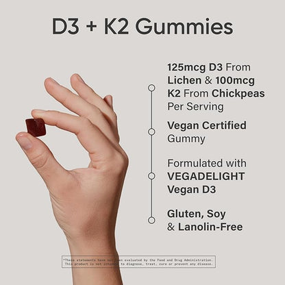 Sports Research Vegan Vitamin D3 + K2 Gummies – 5000 IU D3, MK-7 K2 [60ct]