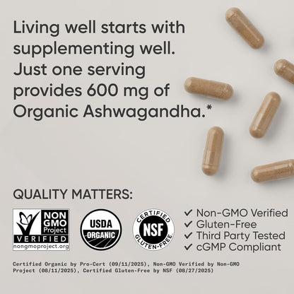 Sports Research® Organic Ashwagandha – Adaptogen for Relaxation, Calm & Sleep Support – Made with Organic KSM-66® – 600 mg – Non-GMO Verified, Gluten-Free, Certified Vegan – 90 Veggie Capsules