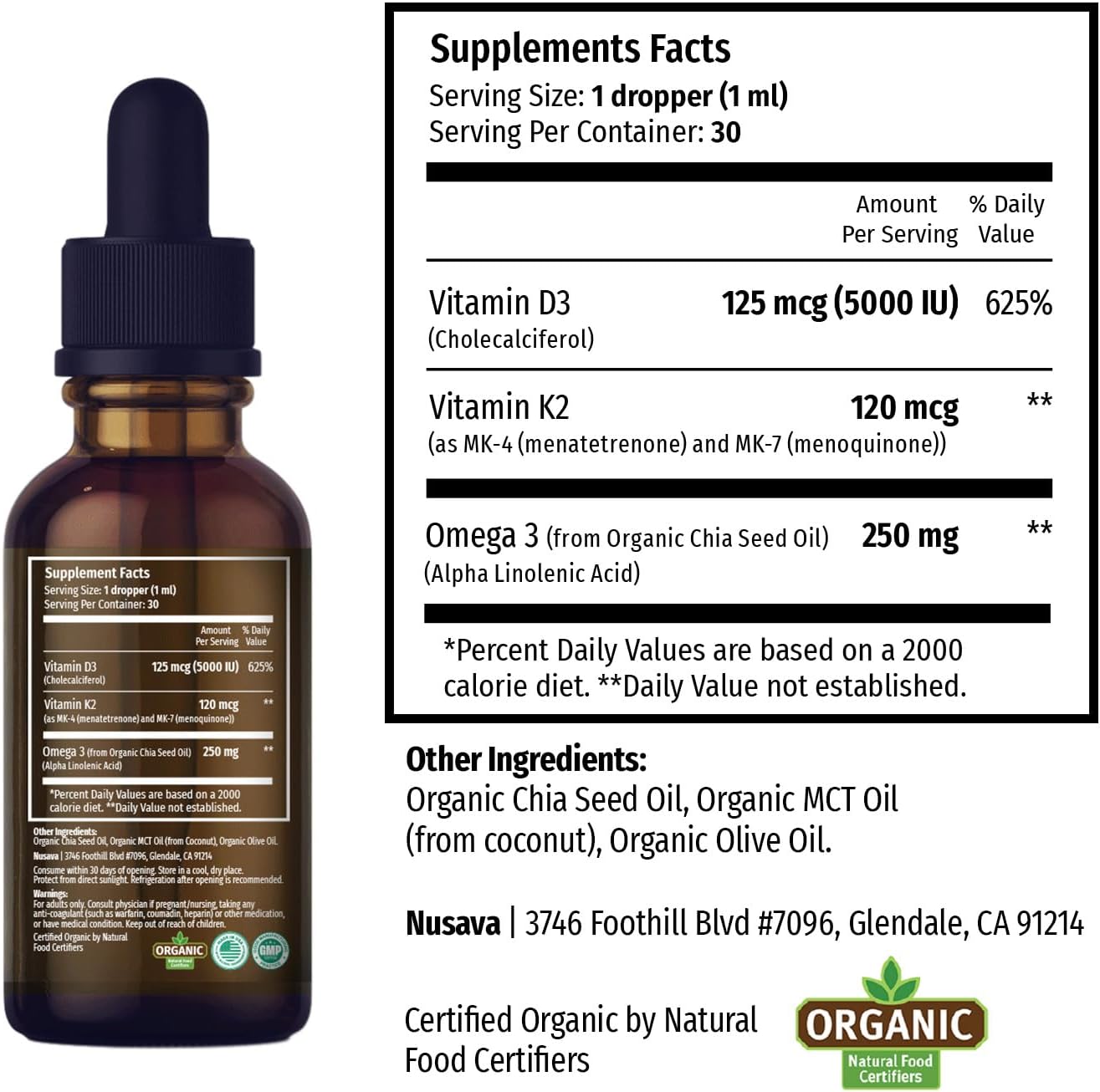 (1 Pack) Organic Vitamin D3 K2 Drops w MCT Oil Omega 3, 5000 IU, Vitamin D Liquid 5000 IU, No Fillers, Non-GMO Liquid D3 for Body’s Defenses & Faster Absorption, Unflavored, 2 Fl Oz Liquid Vitamin D3