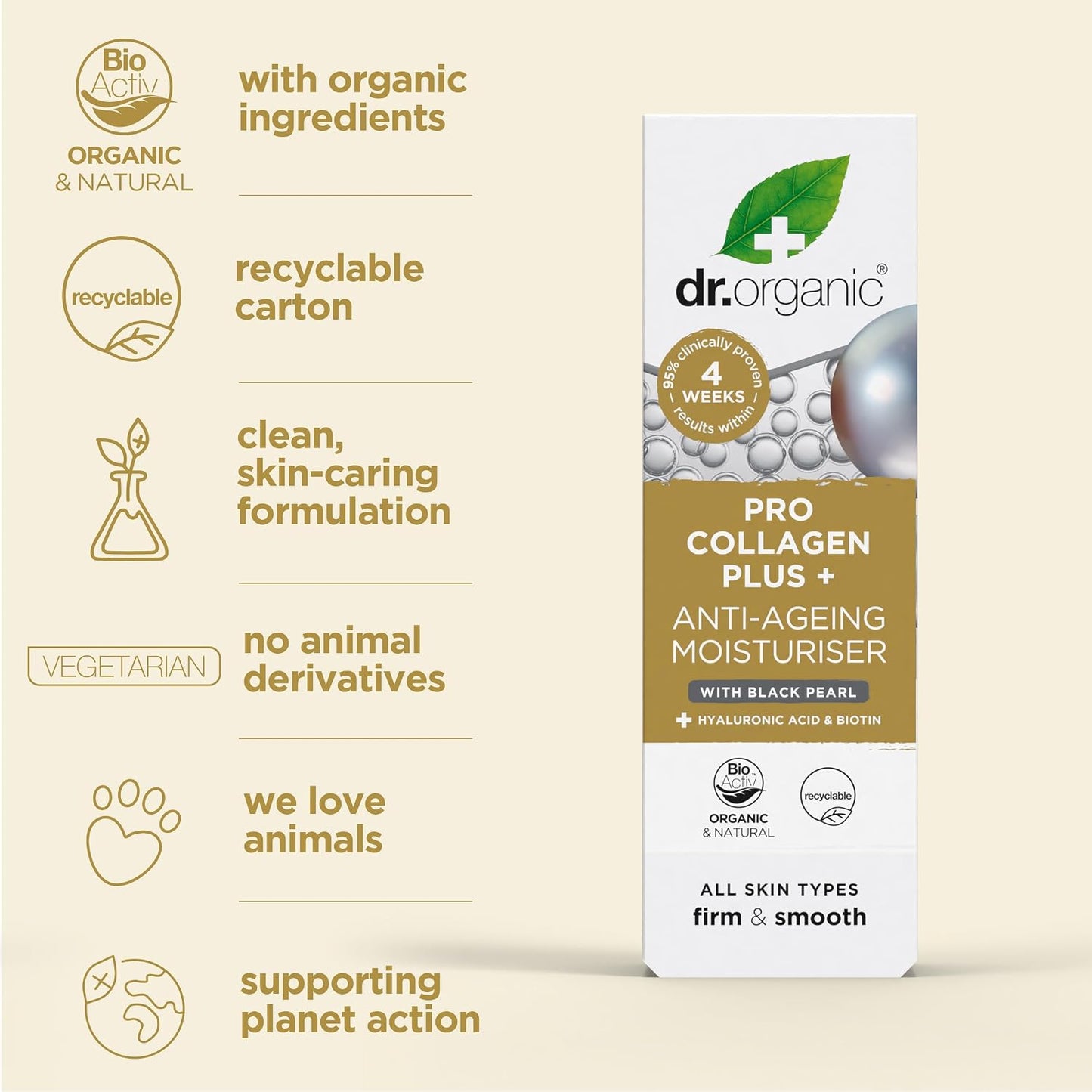 Dr. Organic Pro Collagen Plus Anti-Ageing Moisturizer with Black Pearl, Hyaluronic Acid & Biotin | 50ml | Firm & Smooth | All Skin Types | Vegan, Organic, Natural, Paraben & SLS-Free