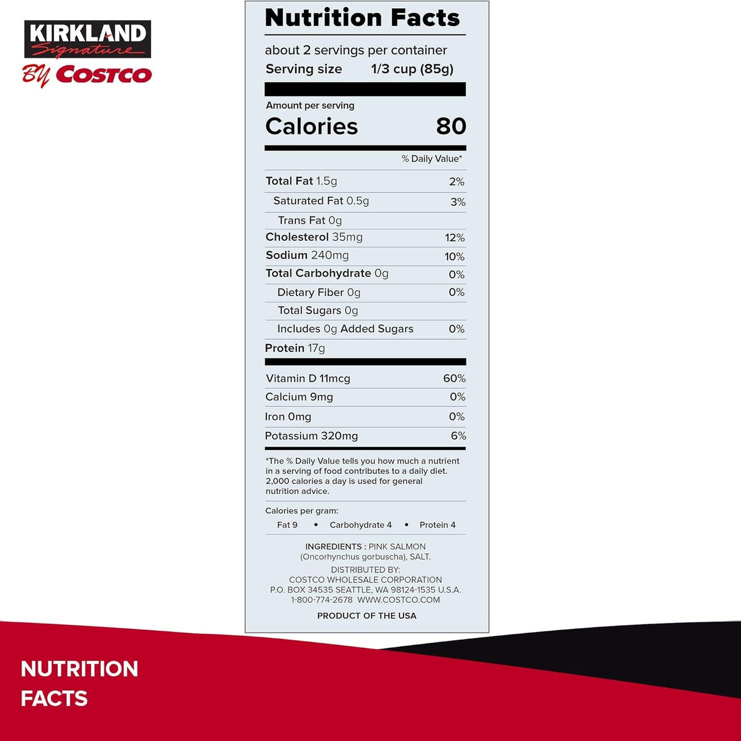 Kirkland Signature Wild Alaskan Pink Salmon - Premium - Boneless & Skinless - 700mg Omega-3s Per Serving - 6 x170g