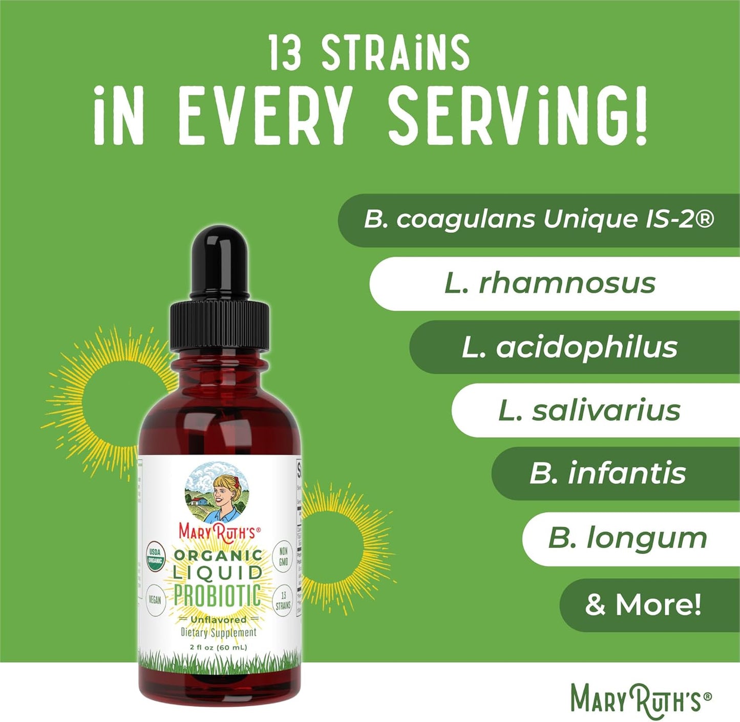 MaryRuth Organics USDA Organic Liquid Probiotic | Digestive Health | Gut Health | Probiotics for Women | Probiotics for Men | Probiotics for Kids | Acidophilus Probiotic | Non-GMO | 40 Servings