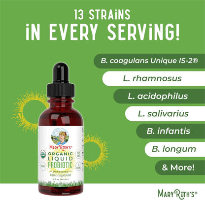 MaryRuth Organics USDA Organic Liquid Probiotic | Digestive Health | Gut Health | Probiotics for Women | Probiotics for Men | Probiotics for Kids | Acidophilus Probiotic | Non-GMO | 40 Servings