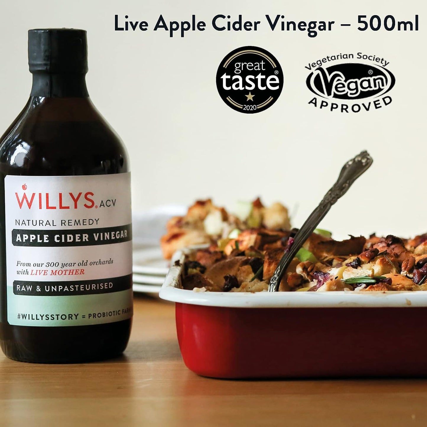 WILLY'S Apple Cider Vinegar with Live Mother - Probiotics For Detox & Gut Health - 1L Glass Bottle - Sustainable ACV (Packaging may vary)