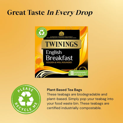 Twinings English Breakfast Decaf Tea | Golden, Well Rounded & Full Bodied Decaffeinated Black Tea | 40 Biodegradable Tea Bags