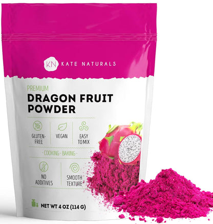 Kate Naturals Dragon Fruit Powder for Baking & Drink (4oz). Vegan, Gluten Free Dried Dragon Fruit Pink Pitaya Powder for Dragon Fruit Syrup. Dragonfruit Pitaya Powder for Smoothie & Food Coloring