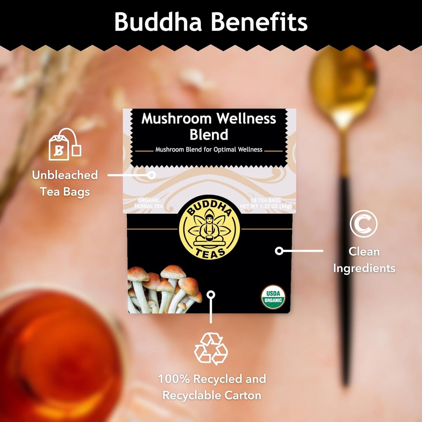 Buddha Teas - Chaga Tea - Organic Herbal Tea - For Cognitive Balance & Overall Health - With Chaga Mushroom, Antioxidants & B Vitamins - Caffeine Free - OU Kosher - 18 Tea Bags (Pack of 1)