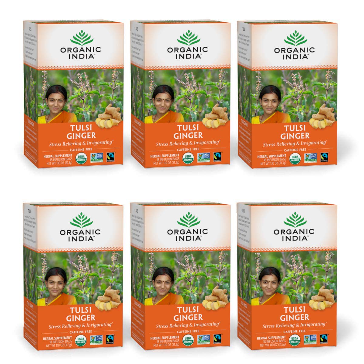 ORGANIC INDIA Tulsi Moringa Tea Bags - Holy Basil, Lemongrass, Moringa Leaves, Stress Relieving & Nourishing, Immune Support Tea, Vegan, Certified Organic, Caffeine-Free - 18 Infusion Bags, 6 Pack