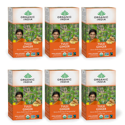 ORGANIC INDIA Tulsi Moringa Tea Bags - Holy Basil, Lemongrass, Moringa Leaves, Stress Relieving & Nourishing, Immune Support Tea, Vegan, Certified Organic, Caffeine-Free - 18 Infusion Bags, 6 Pack