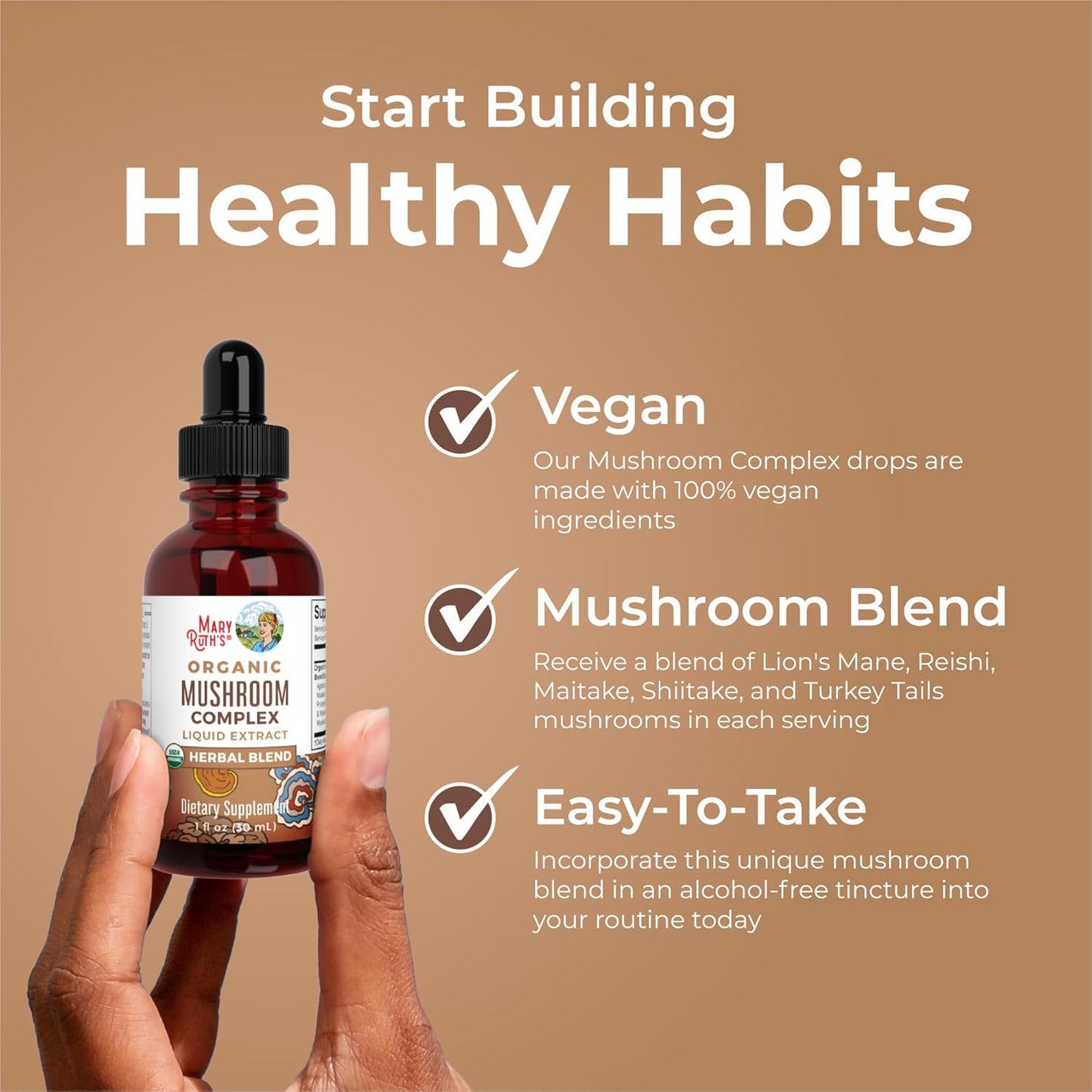 MaryRuth Organics USDA Mushroom Complex | Herbal Liquid Drops | Supplement | Lion's Mane | Reishi Mushroom | Shiitake Mushrooms | Non-GMO | Vegan | Alcohol Free Tincture | 30 Servings