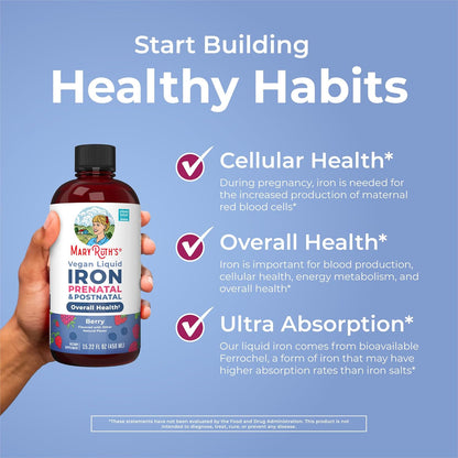 Iron Supplement Prenatal & Postnatal | Liquid Iron Supplement for Pregnant & Lactating | Iron Supplement for Iron Deficiency | Immune Support | Sugar Free | Vegan | Non-GMO | Gluten Free | 15.22 Fl Oz