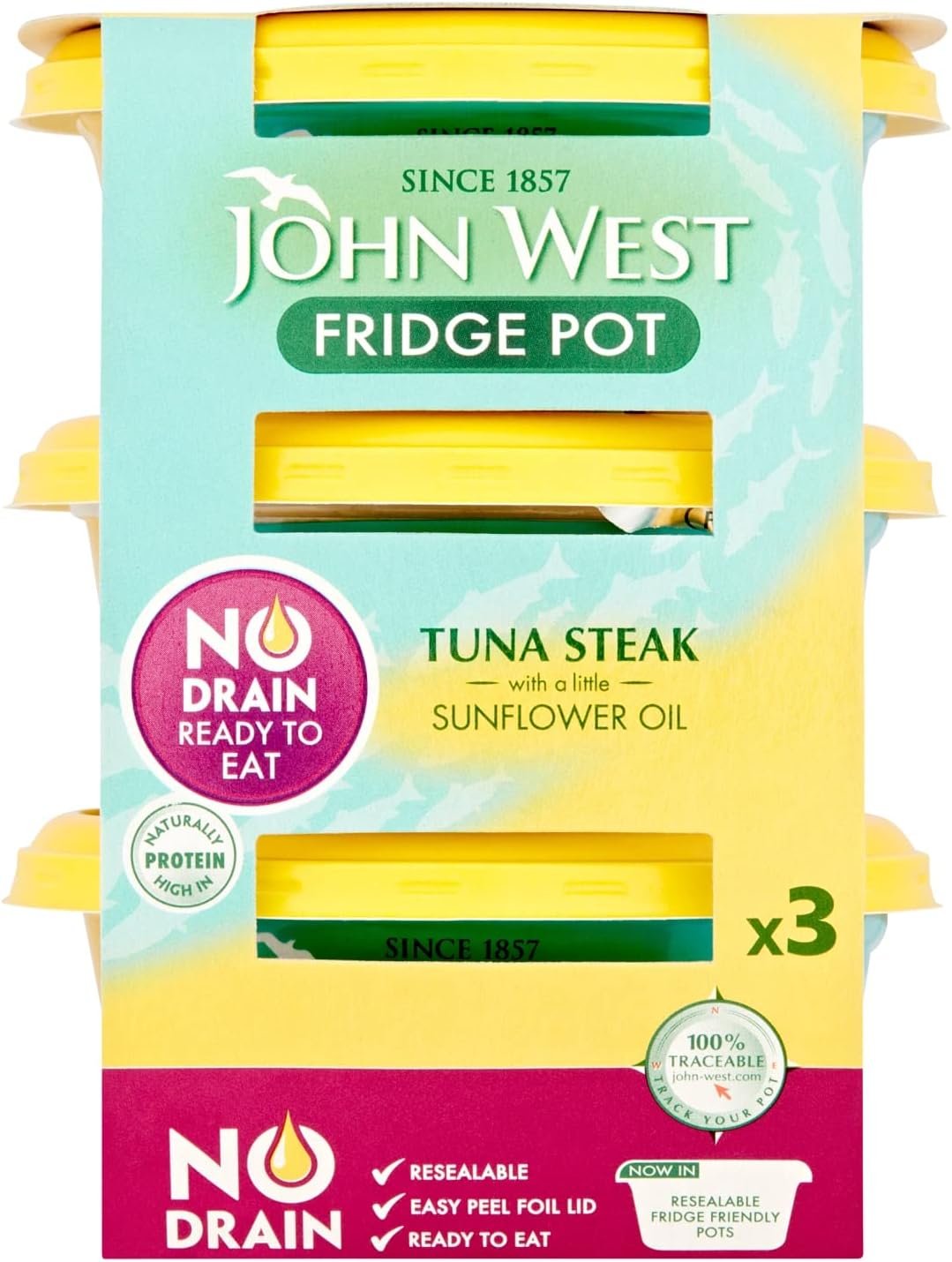 John West No Drain Fridge Pot Tuna Steak with a Little Sunflower Oil 3 X 110 g. Natural high in Protein