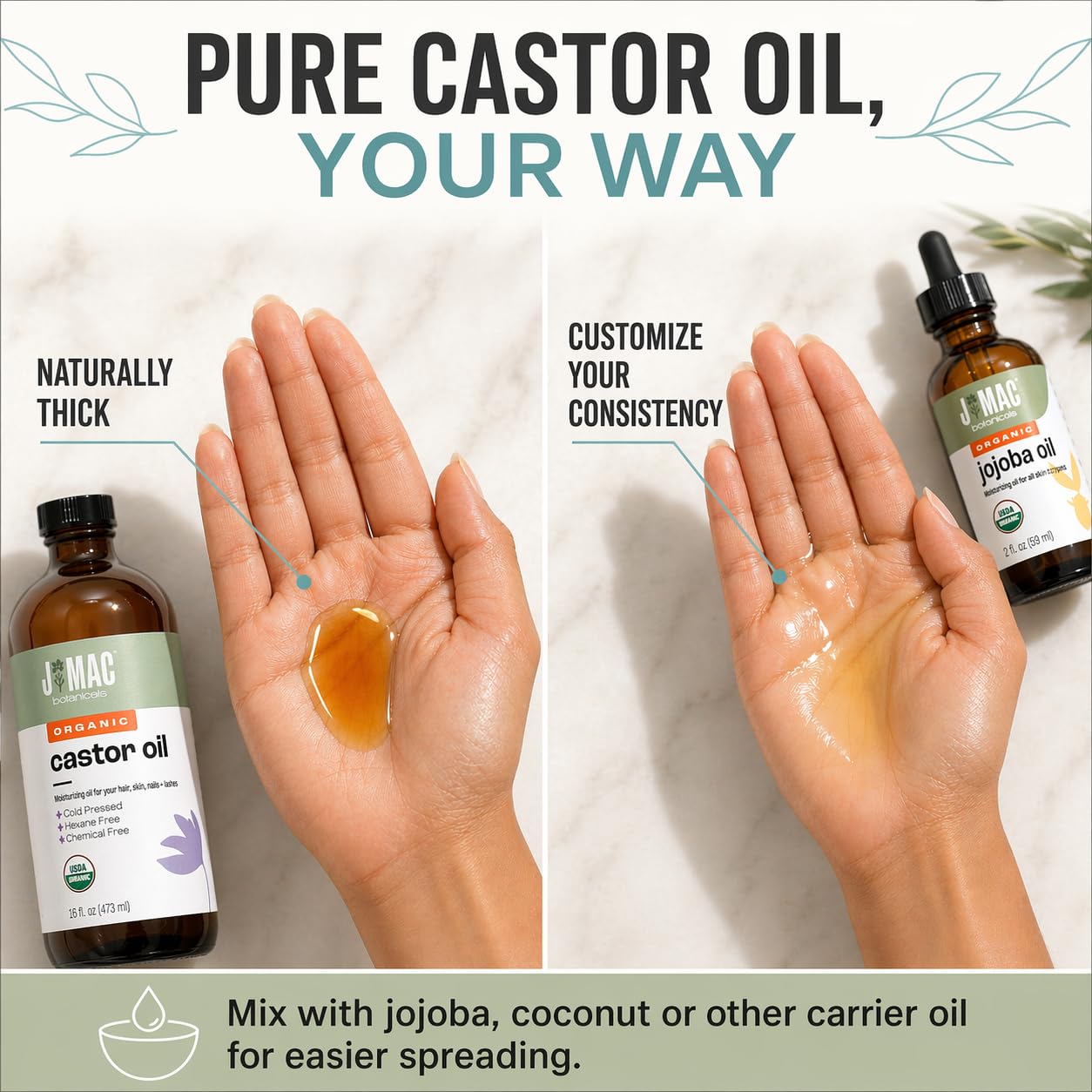 J MAC BOTANICALS Organic Castor Oil Cold Pressed in Amber Glass Bottle (4oz, NO DROPPER) USDA Certified, Hexane Free - Moisturizing Oil for Hair, Skin, Face, Eyelashes, Brows, Nails, and Castor Wraps