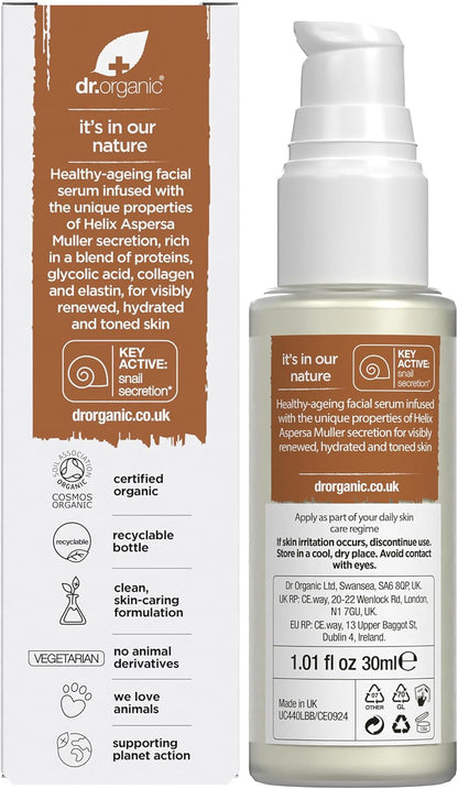 Dr Organic Snail Gel Facial Serum, Healthy-Aging, Moisturising, Mens, Womens, Natural, Vegetarian, Cruelty-Free, Paraben & SLS-Free, Organic, 30ml, Packaging May Vary