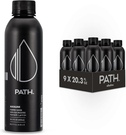 PATH Alkaline Bottled Water - 9.5 pH-Balanced Purified Water with Electrolytes in Aluminum Bottle - BPA-Free, Reusable, Infinitely Recyclable - Pure, Crisp, Refreshing Taste 20.3 fl oz (Pack of 12)
