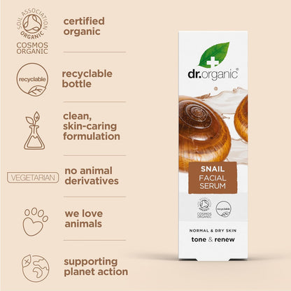 Dr Organic Snail Gel Facial Serum, Healthy-Aging, Moisturising, Mens, Womens, Natural, Vegetarian, Cruelty-Free, Paraben & SLS-Free, Organic, 30ml, Packaging May Vary