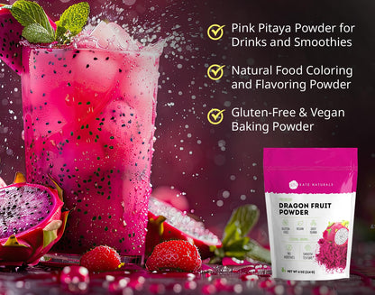 Kate Naturals Dragon Fruit Powder for Baking & Drink (4oz). Vegan, Gluten Free Dried Dragon Fruit Pink Pitaya Powder for Dragon Fruit Syrup. Dragonfruit Pitaya Powder for Smoothie & Food Coloring