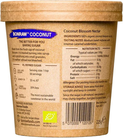 BONRAW Organic Coconut Blossom Sugar, 100% Coconut Blossom Nectar, raw and unrefined with Lower GI, Great Organic Natural Replacement for White and Brown Sugars (225g Pack)