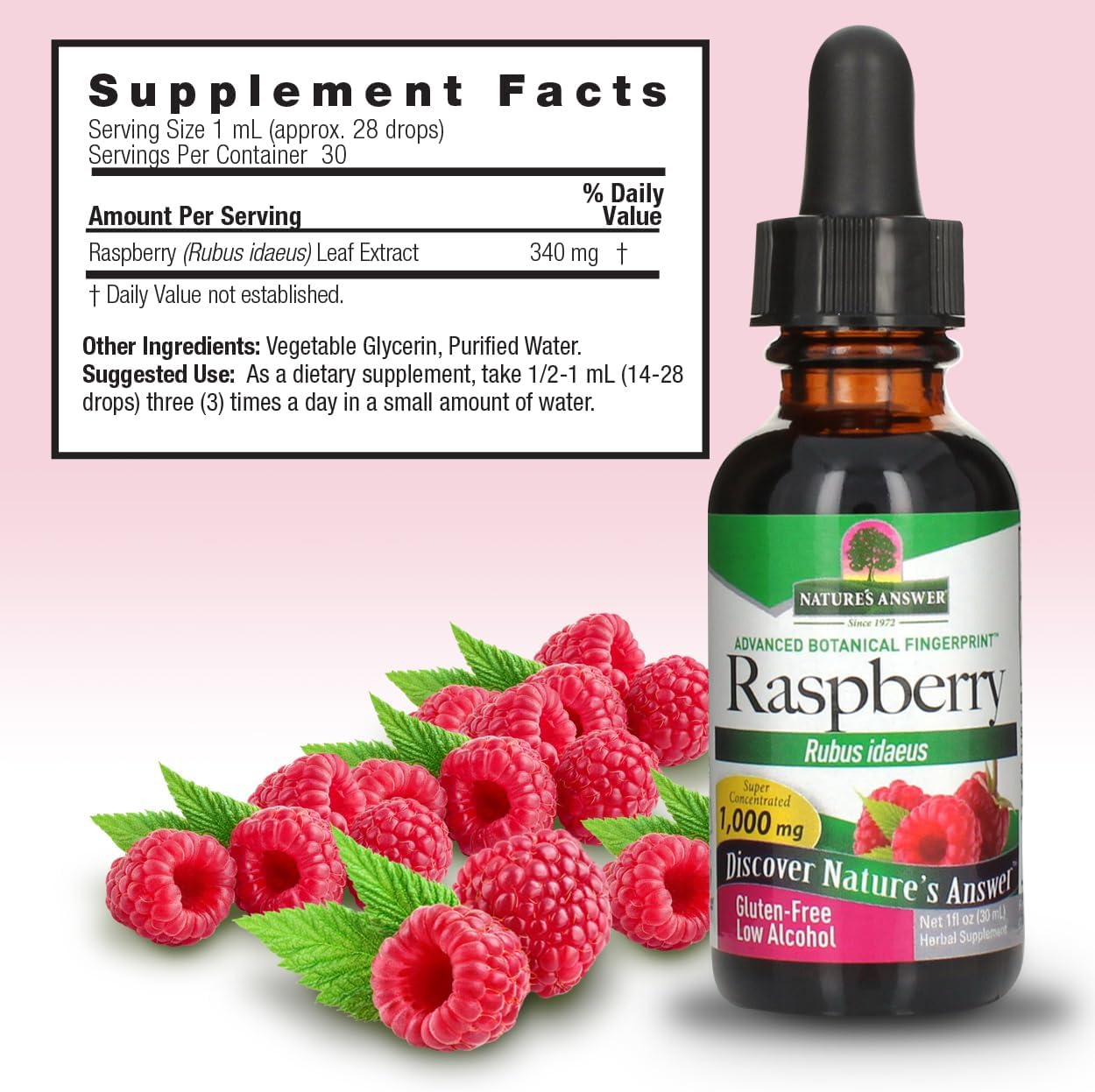 Nature's Answer Low Organic Alcohol Raspberry Leaf Extract, 1-Fluid Ounce nonGMO, Kosher certified, Gluten Free | Supports Health | Soothes Digestion
