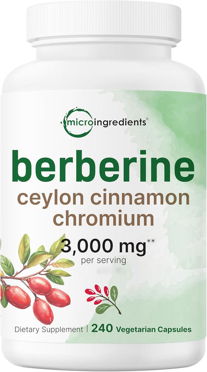 Berberine with Ceylon Cinnamon, Chromium, & Turmeric | 3,000mg Equivalent | 240 Veggie Capsules | High Potency Berberine HCl Root + Cinnamon Bark Extract | Heart Health & Immune Support Supplement*