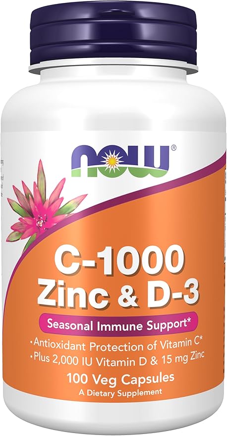 NOW Supplements, C-1000 Zinc & D-3, Seasonal Immune Support*, 100 Veg Capsules