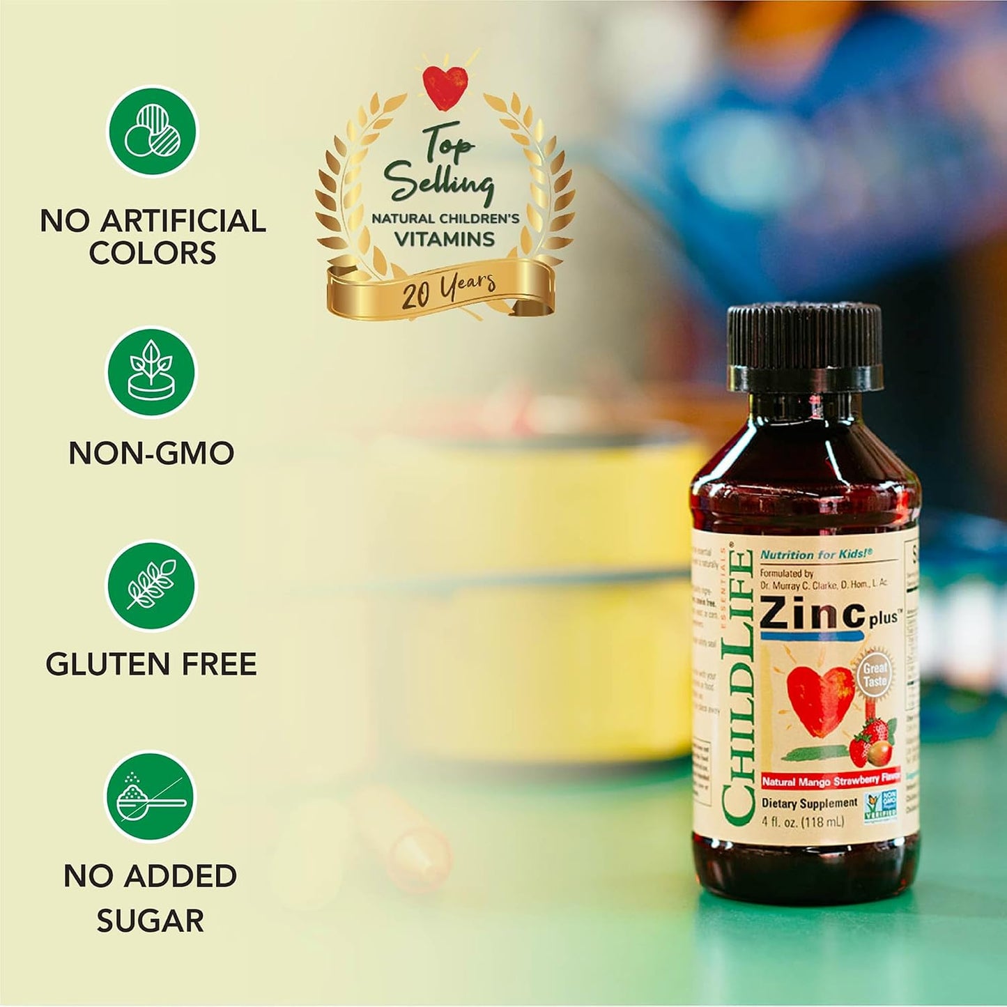CHILDLIFE ESSENTIALS Liquid Zinc Plus for Kids & Toddler - Liquid Supplement Drops, Zinc Gluconate & Copper for Immune Support - Mango Strawberry, 4 Fl Oz (Pack of 1)