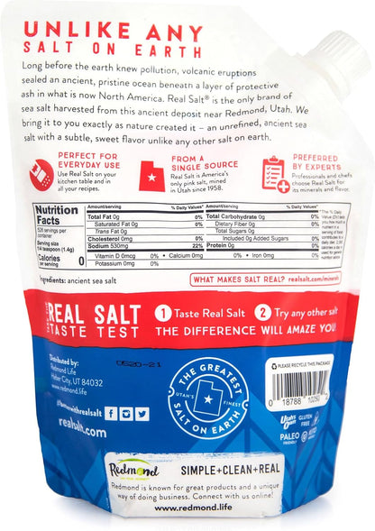Redmond Real Salt Fine Salt 26oz Refill - Utah Pure Natural Sea Salt Untreated Medium Grain Mineral Rich