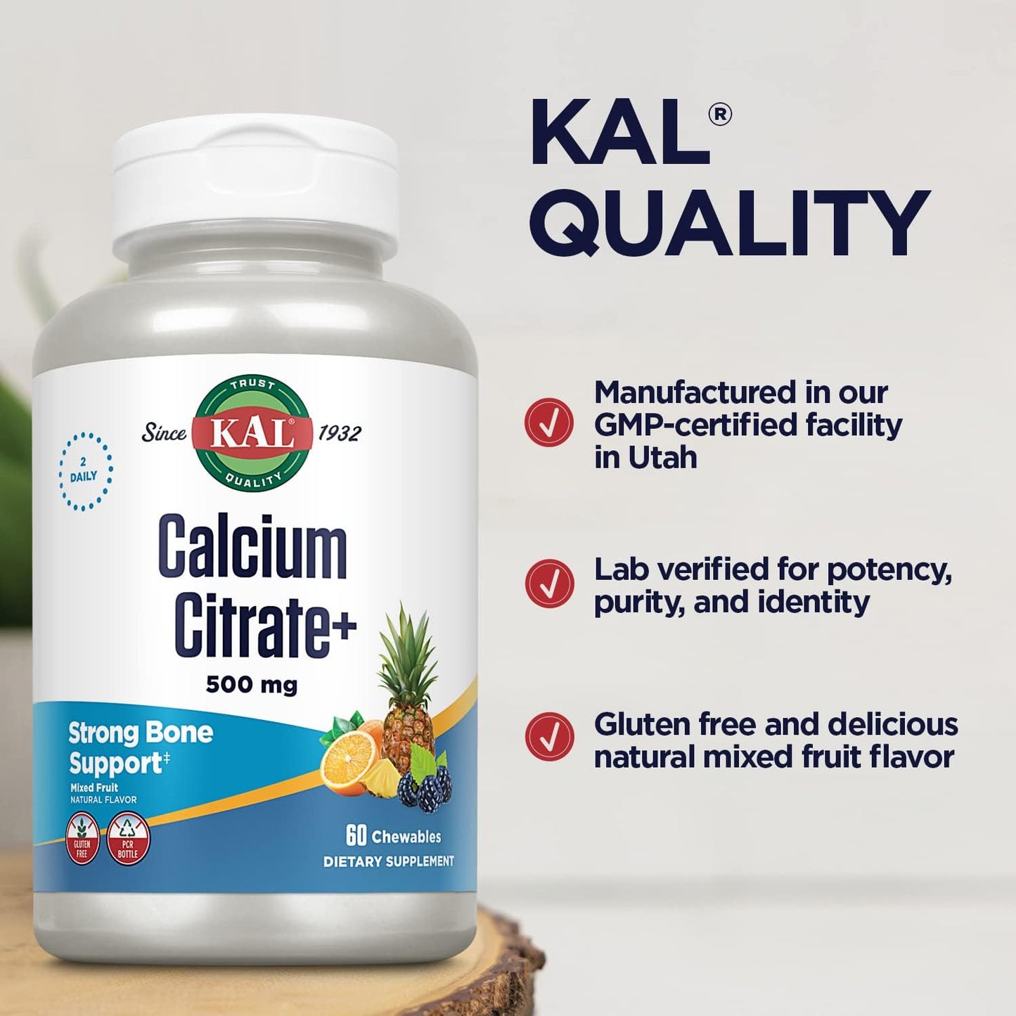 KAL Calcium Citrate Chewable Mixed Fruit Supplement, 60 Count