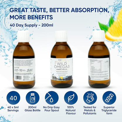 Inner Vitality Omega 3 Fish Oil Liquid - Natural Fresh Lemon Flavour with NO Fishy Taste, High Strength DHA/EPA - 400ml Made from Wild Caught Nordic Fish Oil | 3rd Party Tested for Purity - pack of 1