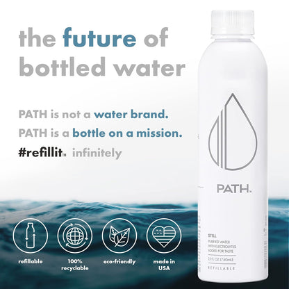 Path Still Bottled Water - Ultra-Purified, pH-Balanced Purified Water in Aluminum Bottle - BPA-Free, Reusable, Infinitely Recyclable - Crisp, Refreshing Taste 25 fl oz (Pack of )