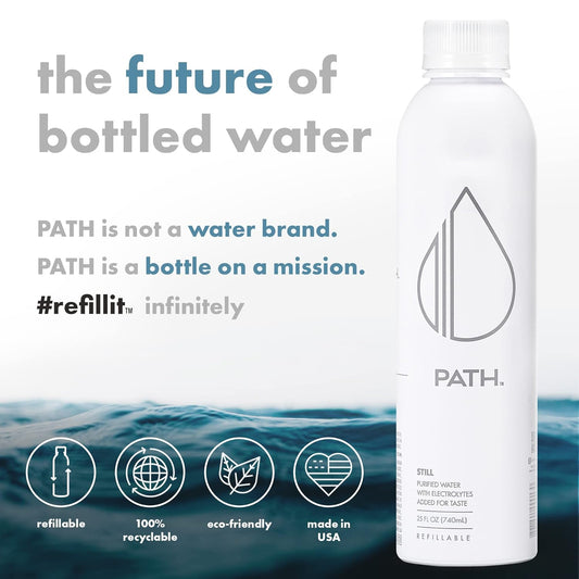 Path Still Bottled Water - Ultra-Purified, pH-Balanced Purified Water in Aluminum Bottle - BPA-Free, Reusable, Infinitely Recyclable - Crisp, Refreshing Taste 25 fl oz (Pack of )