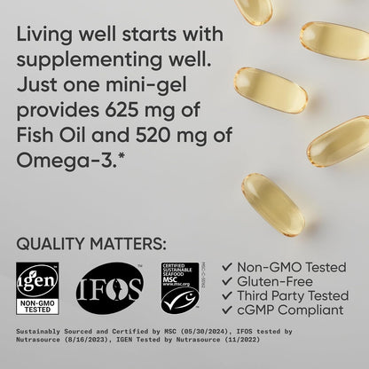 Sports Research Fish Oil Mini-Softgels - Easy to Swallow Omega-3 Fatty Acids from Wild Caught Alaska Pollock - 625mg, 120 Softgels