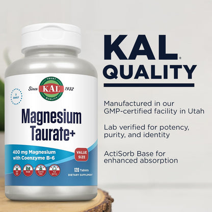 KAL Magnesium Taurate 400mg Plus Vitamin B6, Chelated Magnesium Supplement, High Absorption Magnesium Complex, Muscle and Heart Health Support, Vegan, Gluten Free, 60-Day Guarantee, 60 Serv, 120 Tabs