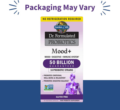 Garden of Life Probiotics Mood+ Dr Formulated Acidophilus Probiotic Supplement - Promotes Emotional Well-Being, Relaxation and Digestive Balance - Ashwagandha for Stress Management, 60 Veggie Caps