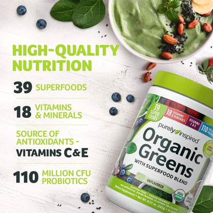 Purely Inspired Organic Green Powder Smoothie Mix, Unflavored (24 Servings) - Probiotics for Digestive Health with Spirulina & Chlorella for Gut Health - Vegan & Gluten-Free