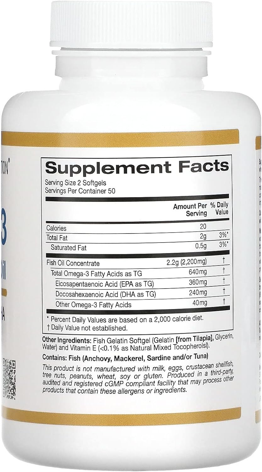 Omega-3 Premium Fish Oil by California Gold Nutrition, Concentrated Formula with EPA & DHA, Support for Optimal Lipid Profile & Immune System, Gluten Free, Non-GMO, 100 Fish Gelatin Softgels