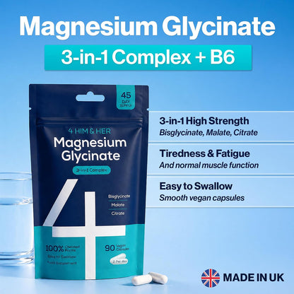 Magnesium Glycinate 3-in-1 Easy-to-Swallow Capsules for Tiredness and Muscles – 1279 mg Bisglycinate, Citrate, Malate Complex w/ B6 – Vegan, High-Strength Supplements – 90 Caps – UK Made – 4 HIM & HER