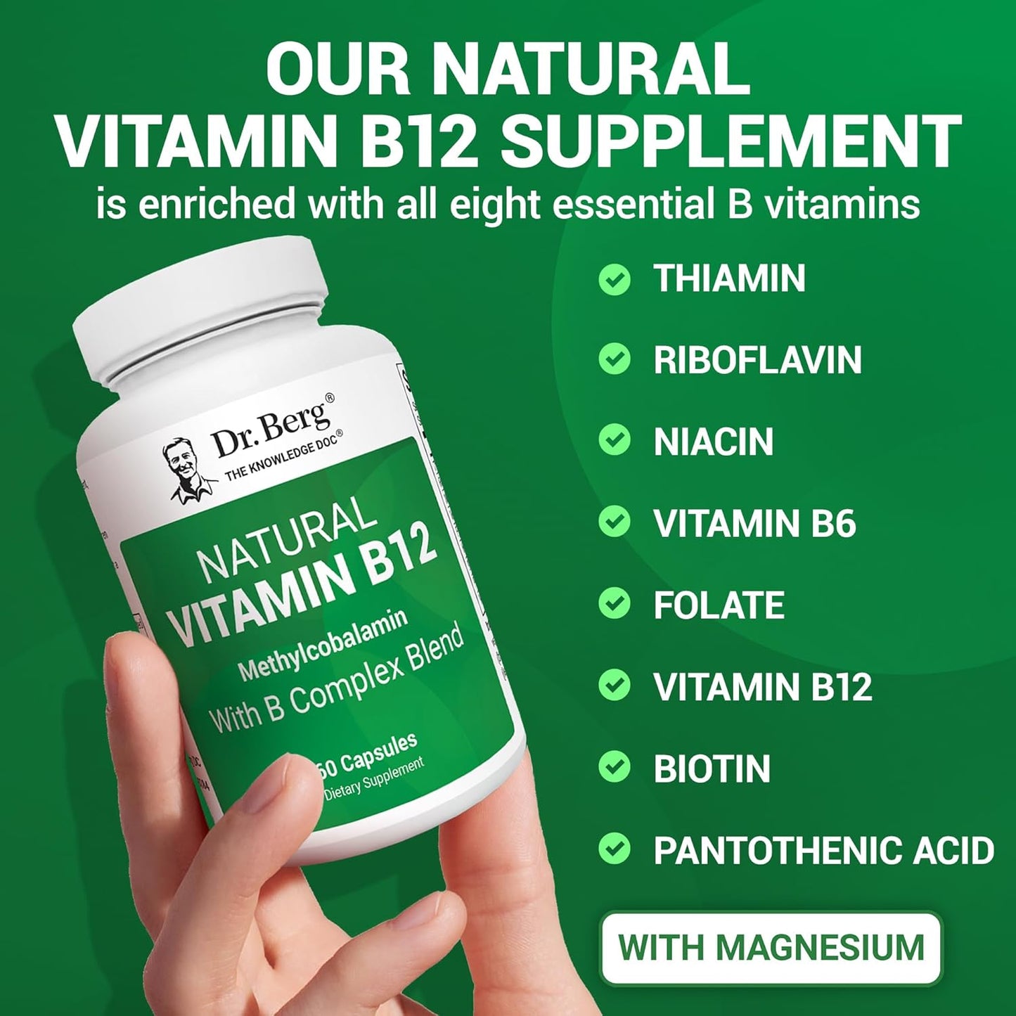 Dr. Berg Natural Vitamin B12 1000 mcg with B Complex Blend - Methylcobalamin B12 for Energy, Nerve Health, and Cognitive Function* - Methylated B12 with Folate - 60 Capsules (2-Month Supply)