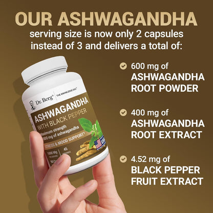 DR. BERG NUTRITIONALS Dr. Berg's Ashwagandha with Black Pepper Supplement - Capsules for Mood & Stress Support, Energy, Joint, Thyroid Immune System 1500mg Organic Supplements 90