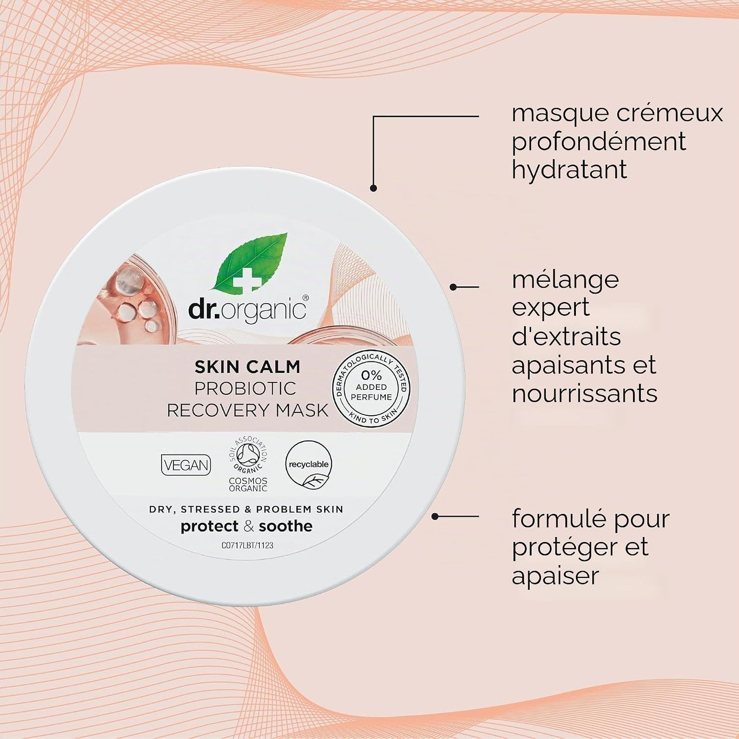 Dr Organic Skin Calm Probiotic Recovery Mask, For Redness, Dry Skin, Sensitive, Dermatologically Tested, Vegan, Cruelty Free, Paraben & SLS Free, 100ml