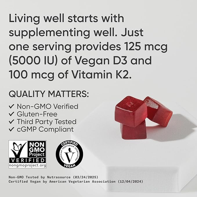 Sports Research Vegan Vitamin D3 + K2 Gummies – 5000 IU D3, MK-7 K2 [60ct]