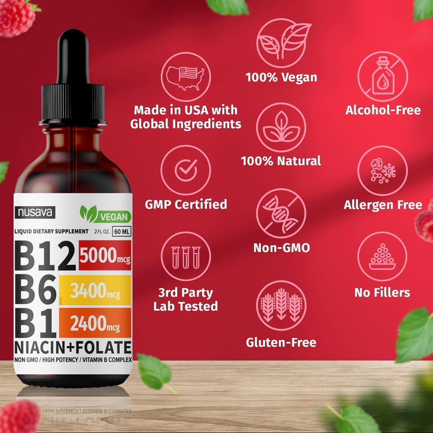 Vitamin B12 and B6 Liquid Drops, B12 Sublingual Vitamin B Complex - B 12 Vitamin 5000mcg - B12 Methylcobalamin for Energy, Brain, and Heart Support with 27,200 mcg, Raspberry, 40 Servings