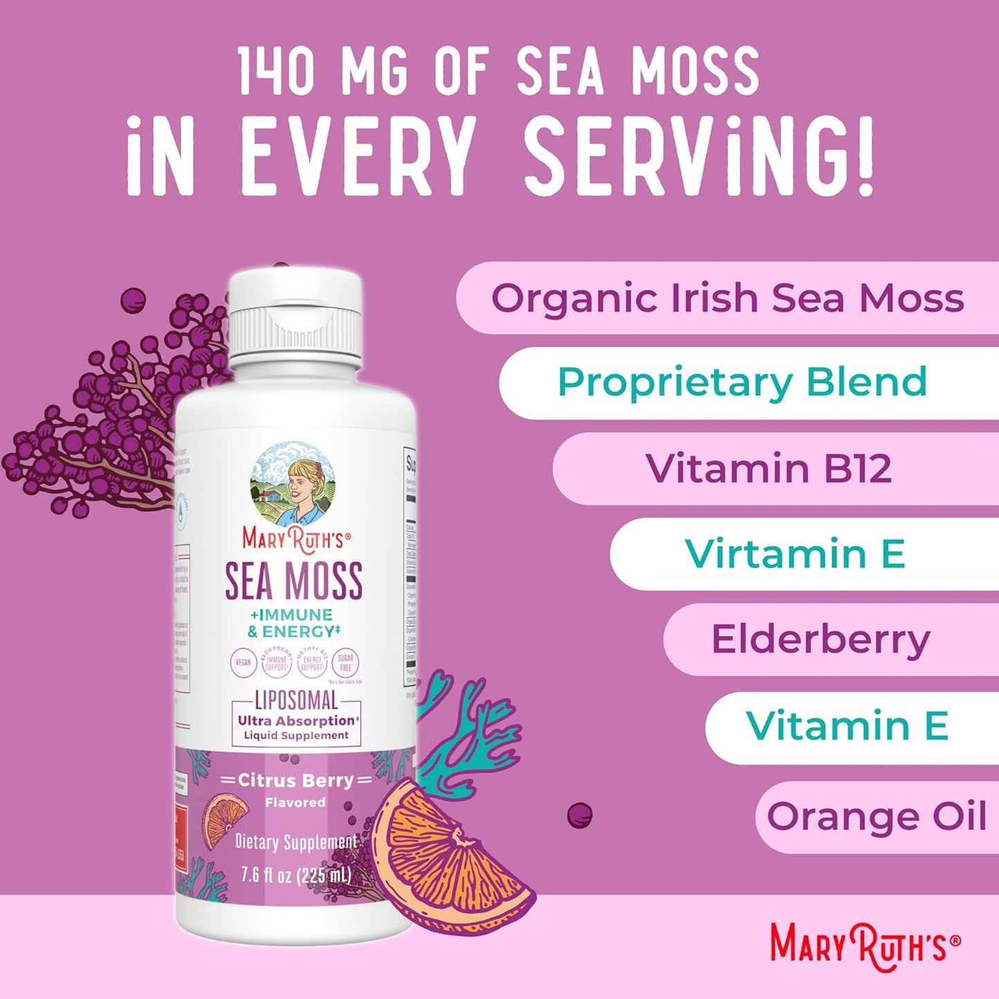 MaryRuth Organics Sea Moss + Immune & Energy Liposomal | Irish Sea Moss | Vitamin B12 | Vitamin E | Elderberry | Rose Hip Oil | Orange Oil | Immune Support Supplement | Vegan | Sugar Free | 7.6 oz
