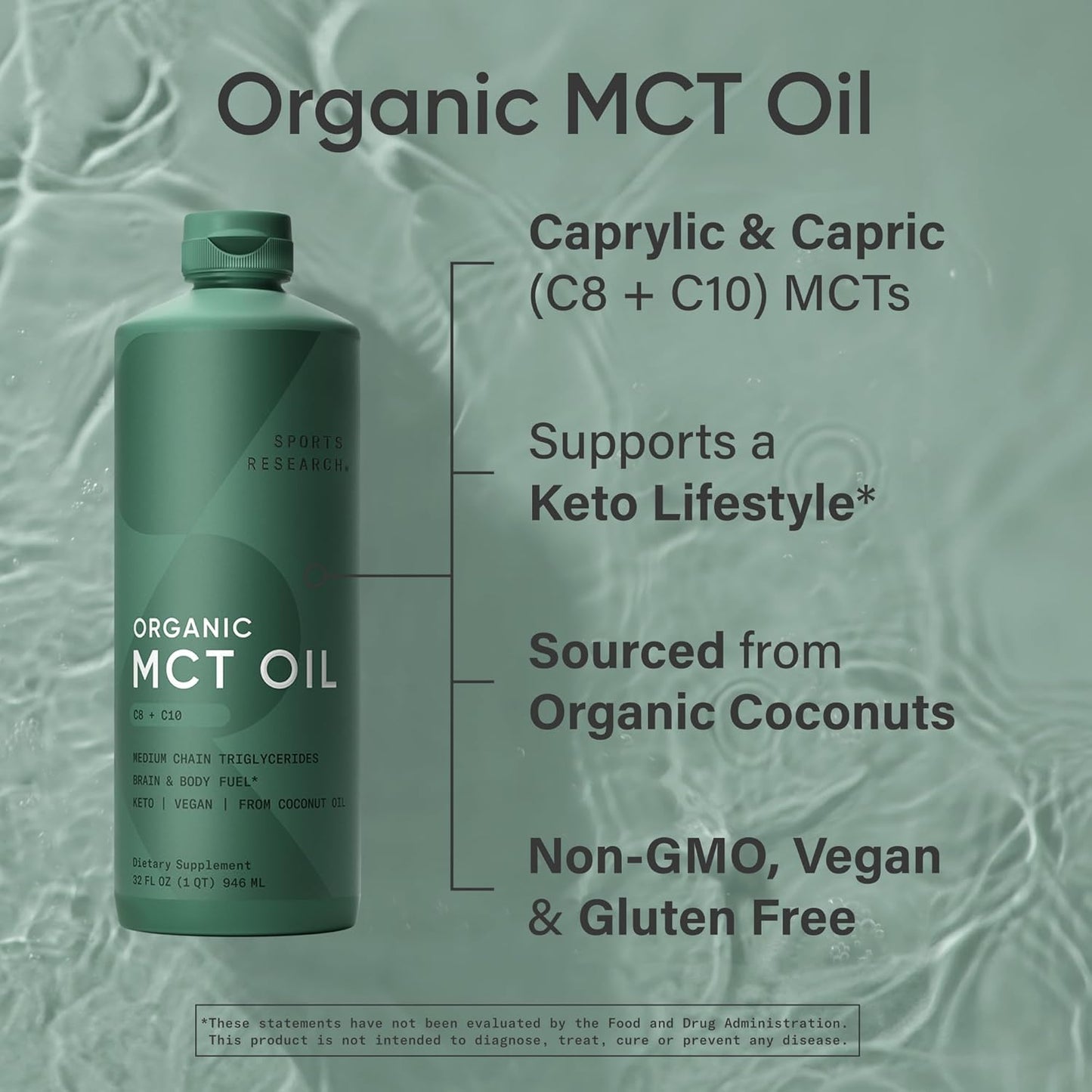 Sports Research Keto MCT Oil from Organic Coconuts - Fatty Acid Fuel for Body + Brain - Single Ingredient C8 Caprylic Acid - Perfect in Coffee, Tea, & More - Non-GMO & Vegan - Unflavored (16 Oz)